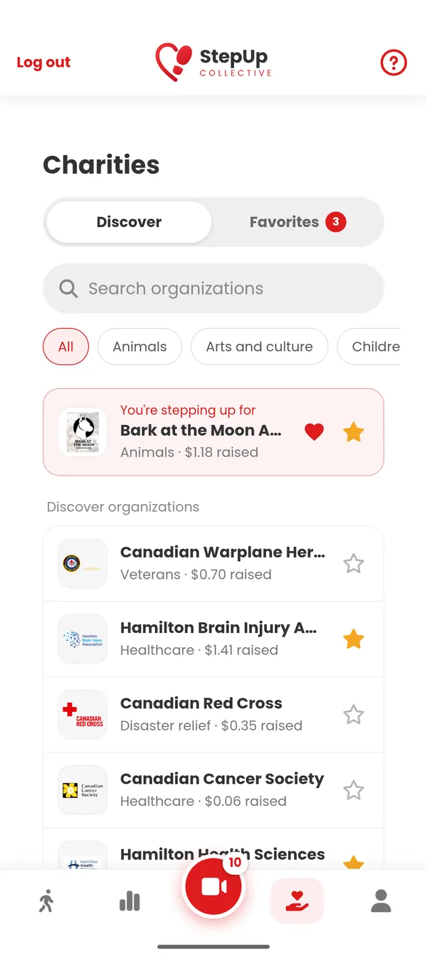 StepUp Collective app: choosing a charity to support