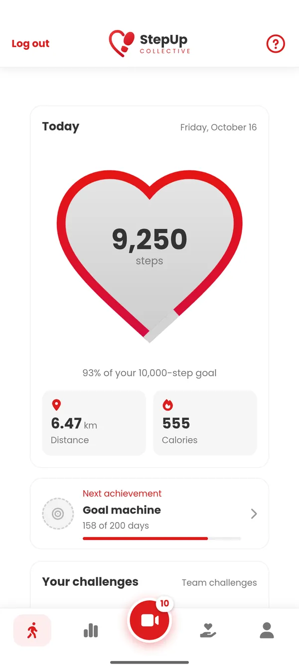 StepUp Collective app: today's steps filling a heart toward the daily goal